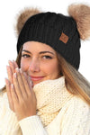 Cable Knit Double Pom Pom Beanie(Black)