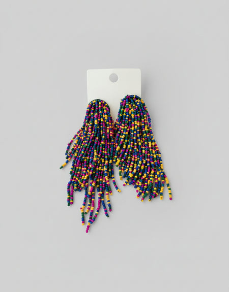 Button Fringe Beaded Earrings - Pink - ReservedChic