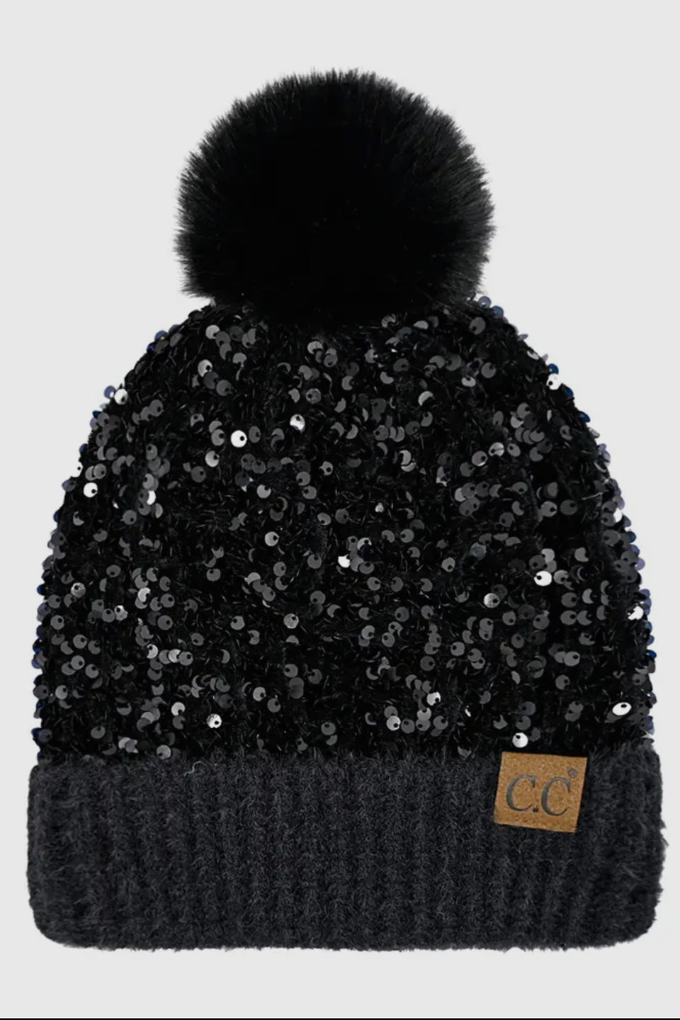 C.C. Sequin Fur Pom Beanie Black