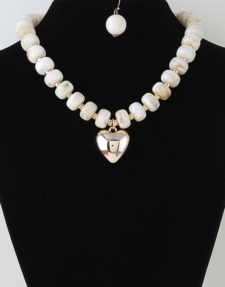 Luxe Heart Marbled Bead Necklace Set- Ivory - ReservedChic