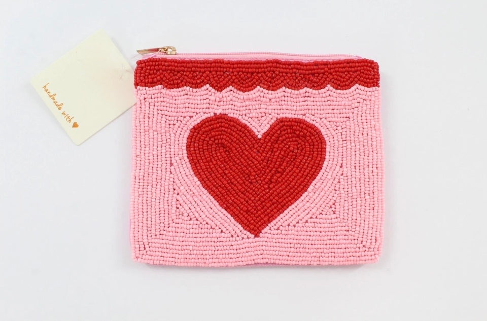 Red Heart Beaded Coin Purse