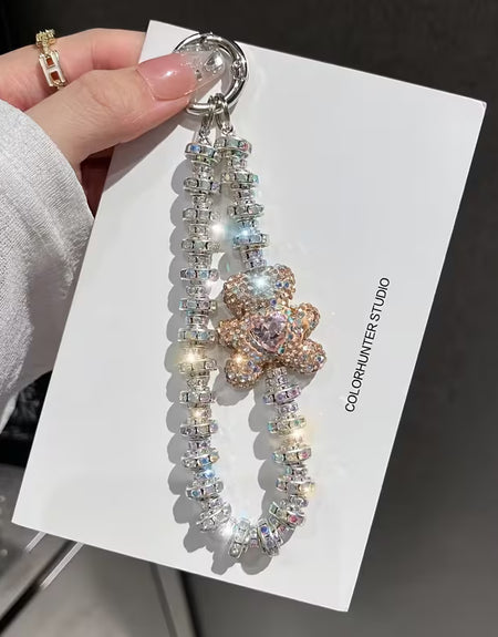 Crystal Bead With Bear Keychain Wristlet