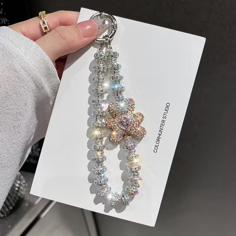 Crystal Bead With Bear Keychain Wristlet