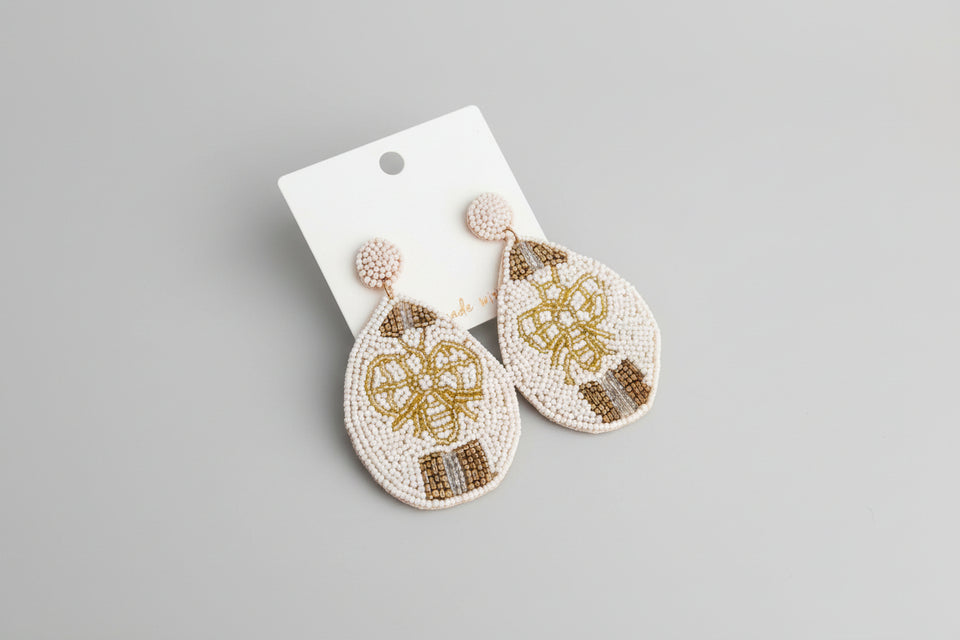 Queen Bee Oval Beaded Earrings-White - ReservedChic