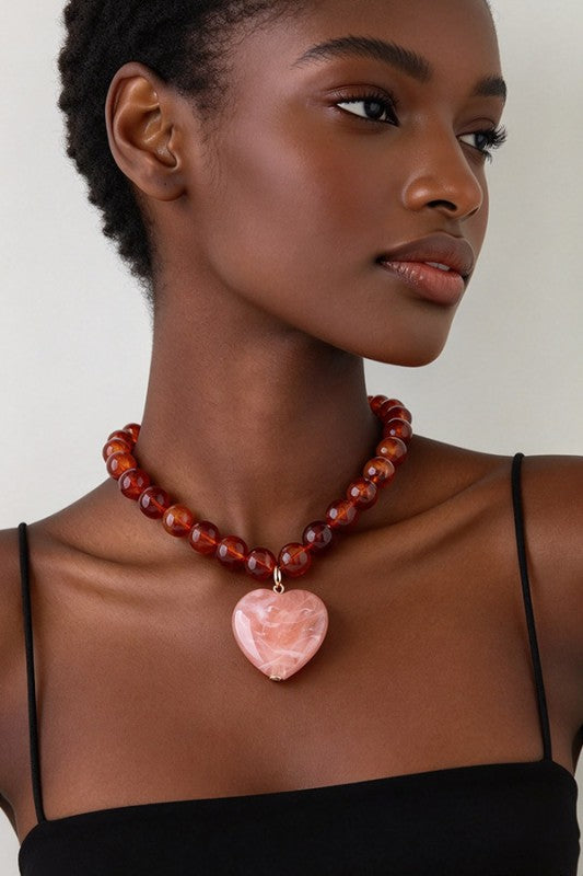Marbled Peach Heart Bead Necklace - ReservedChic