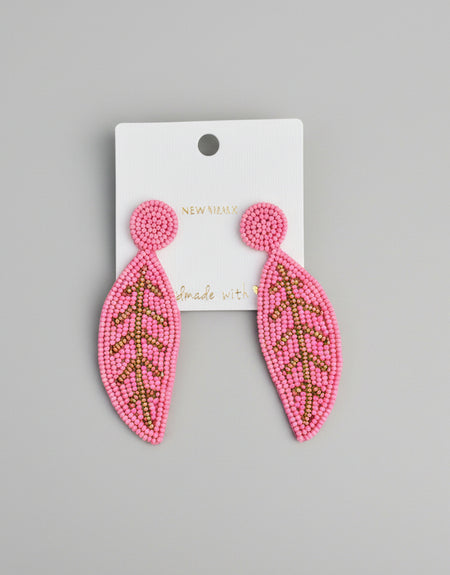 Pink Leaf Beaded Earrings