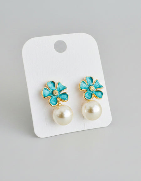 Teal Blossom Pearl Dangle Earrings