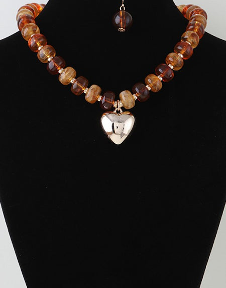 Luxe Heart Marbled Bead Necklace Set- Brown - ReservedChic