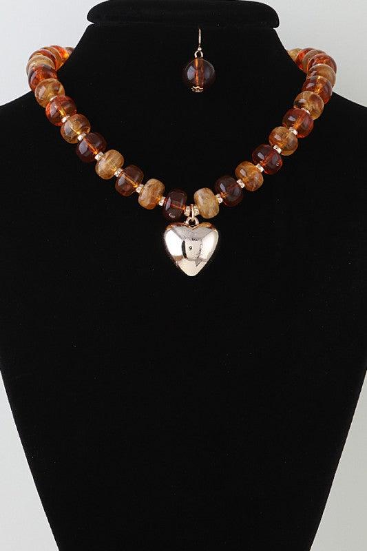Luxe Heart Marbled Bead Necklace Set- Brown - ReservedChic
