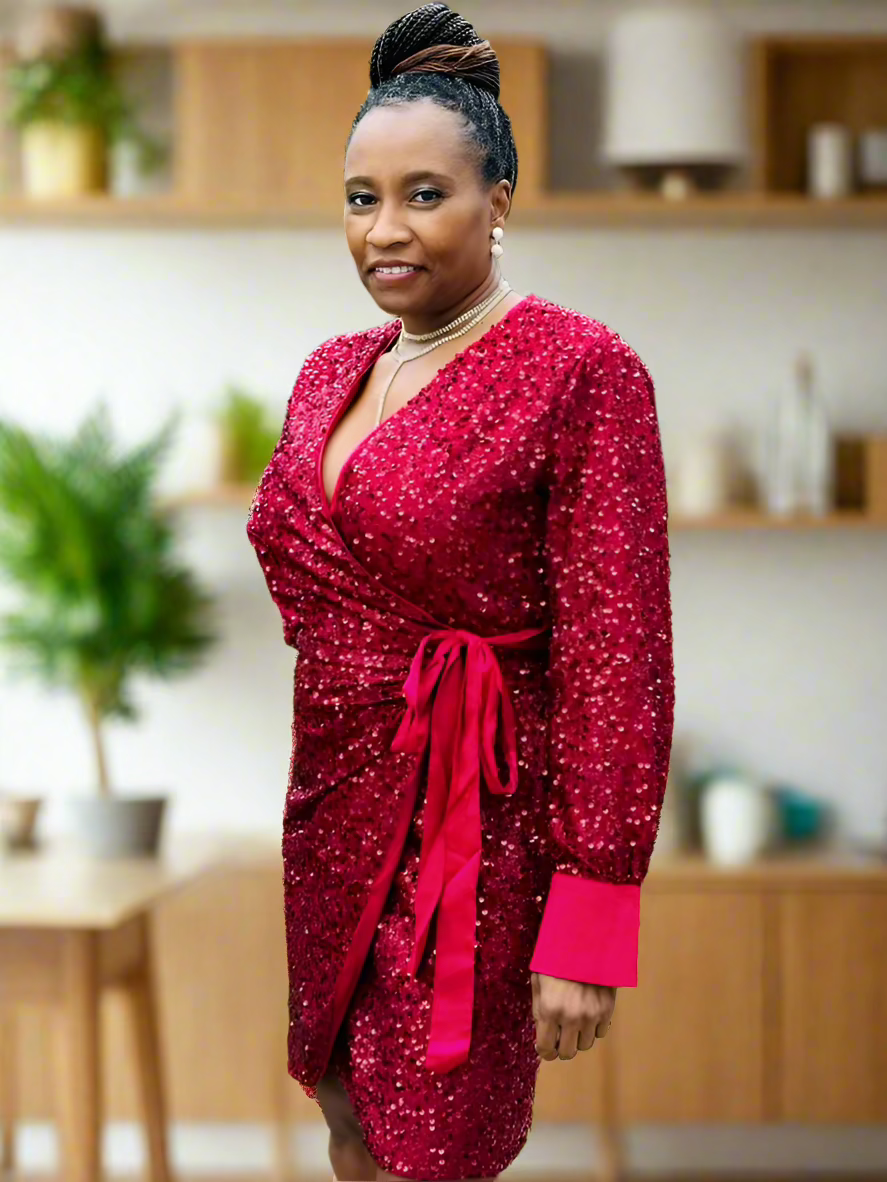 Ritzy Wine Sequin Wrap Dress
