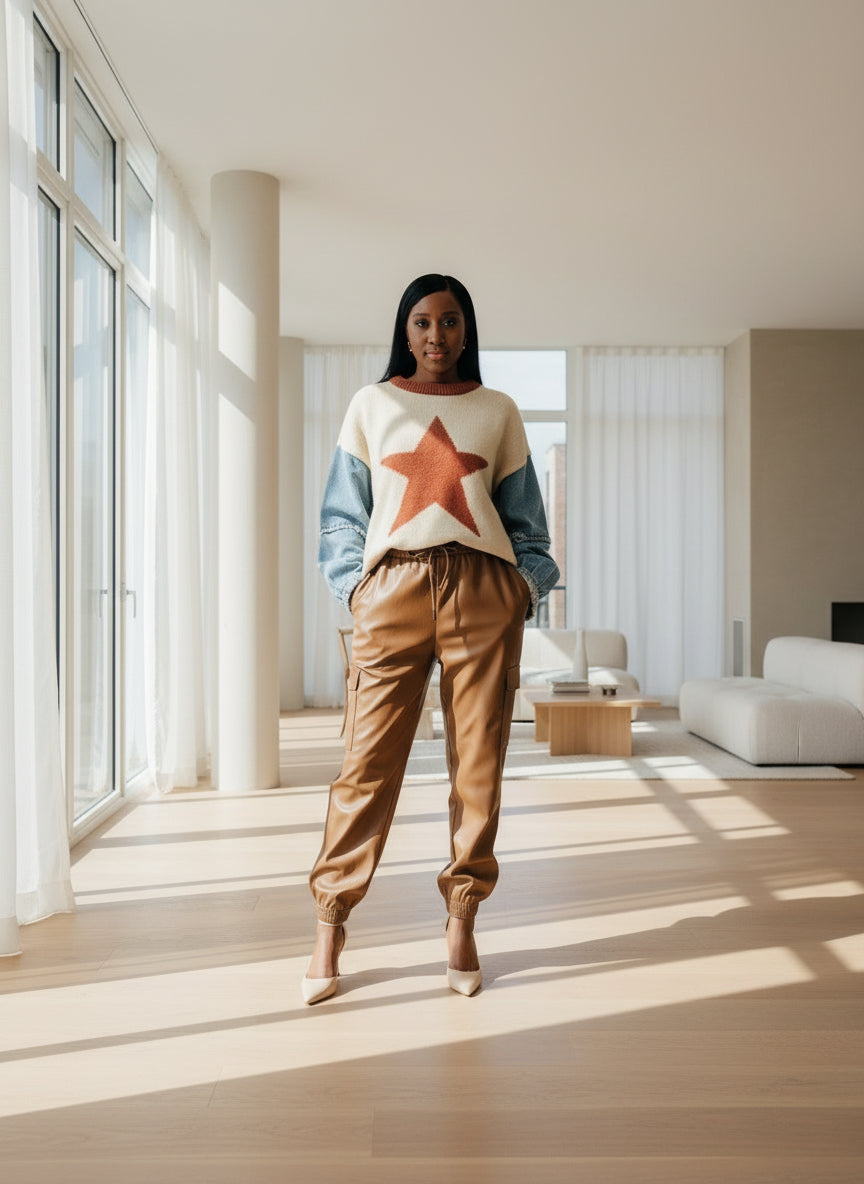 Denim Sleeve Star Sweater