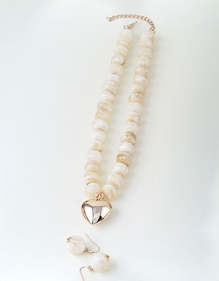 Luxe Heart Marbled Bead Necklace Set- Ivory - ReservedChic