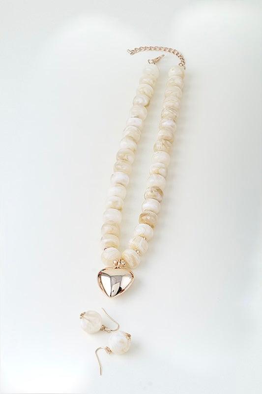 Luxe Heart Marbled Bead Necklace Set- Ivory - ReservedChic