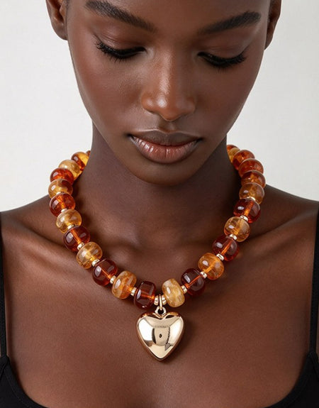 Luxe Heart Marbled Bead Necklace Set- Brown - ReservedChic