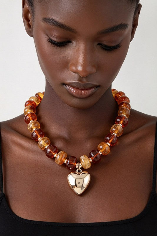 Luxe Heart Marbled Bead Necklace Set- Brown - ReservedChic