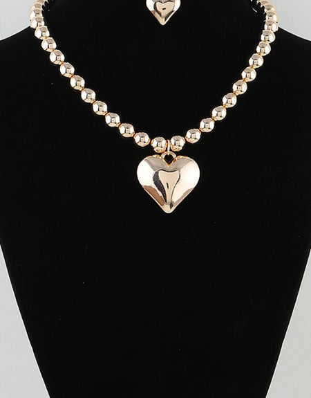Gold Puffy Heart Necklace Set - ReservedChic