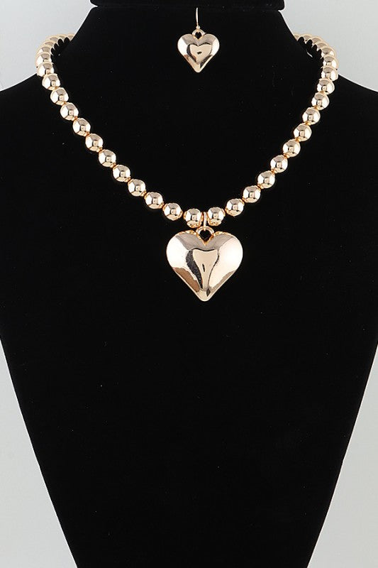 Gold Puffy Heart Necklace Set - ReservedChic