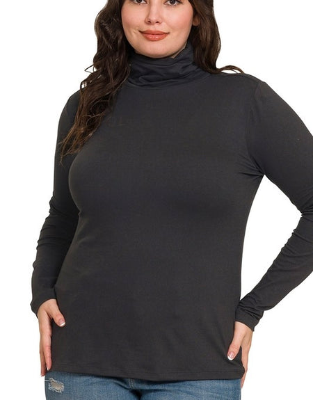 Plus Size Casual Solid Turtleneck Top - Black