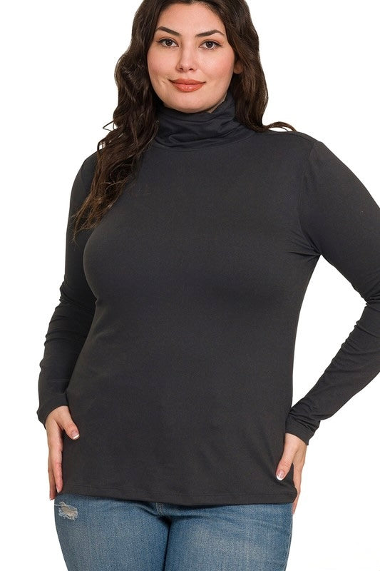 Plus Size Casual Solid Turtleneck Top - Black