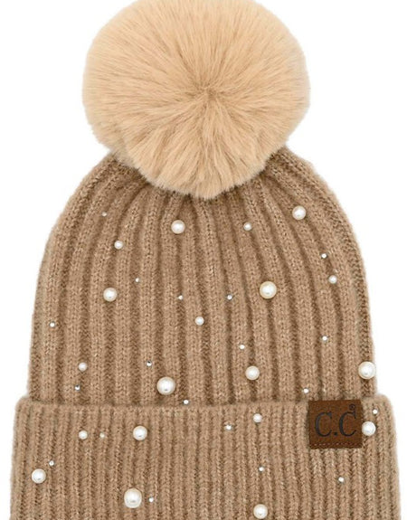 C.C Pearl Embellishments Pom Beanie Camel