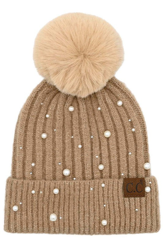 C.C Pearl Embellishments Pom Beanie Camel