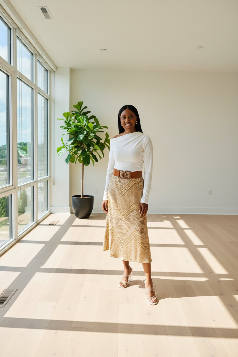 Geo Print Satin Midi Skirt