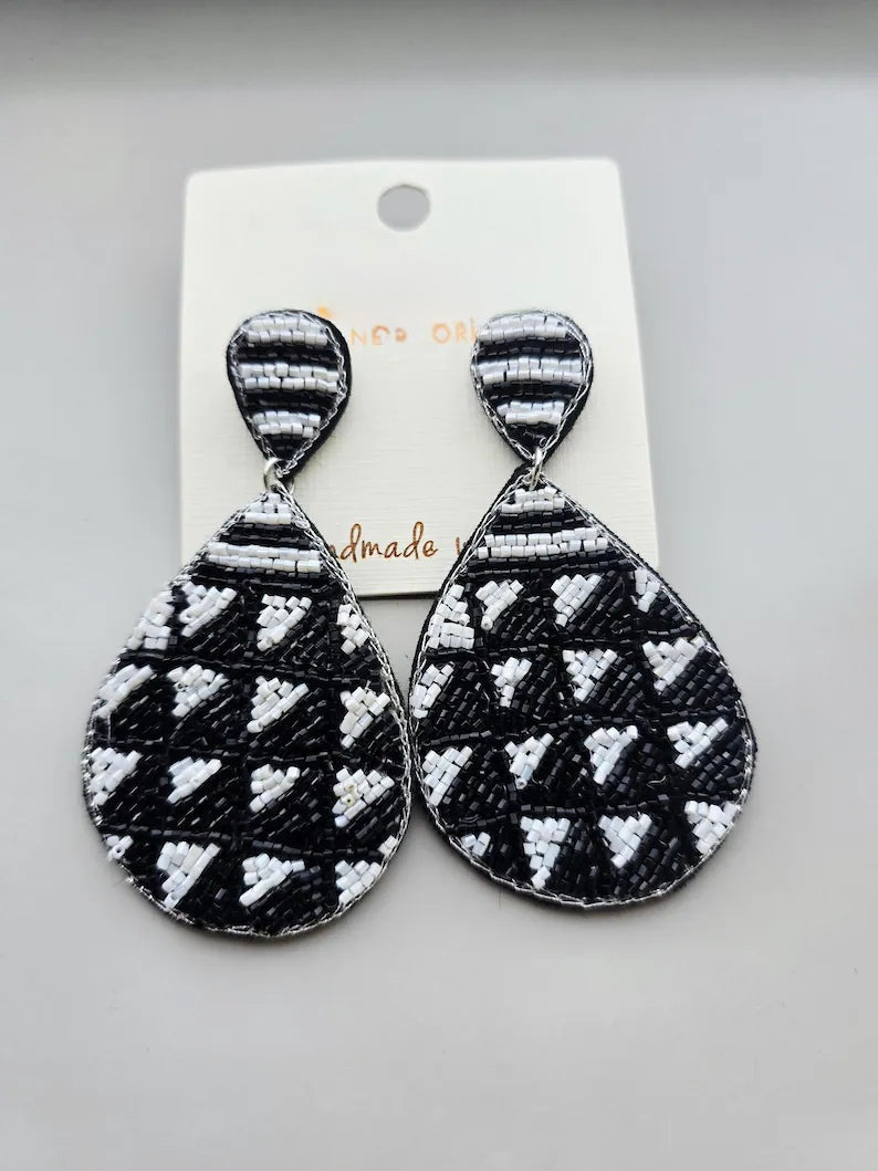 Tri Black White Beaded Earrings