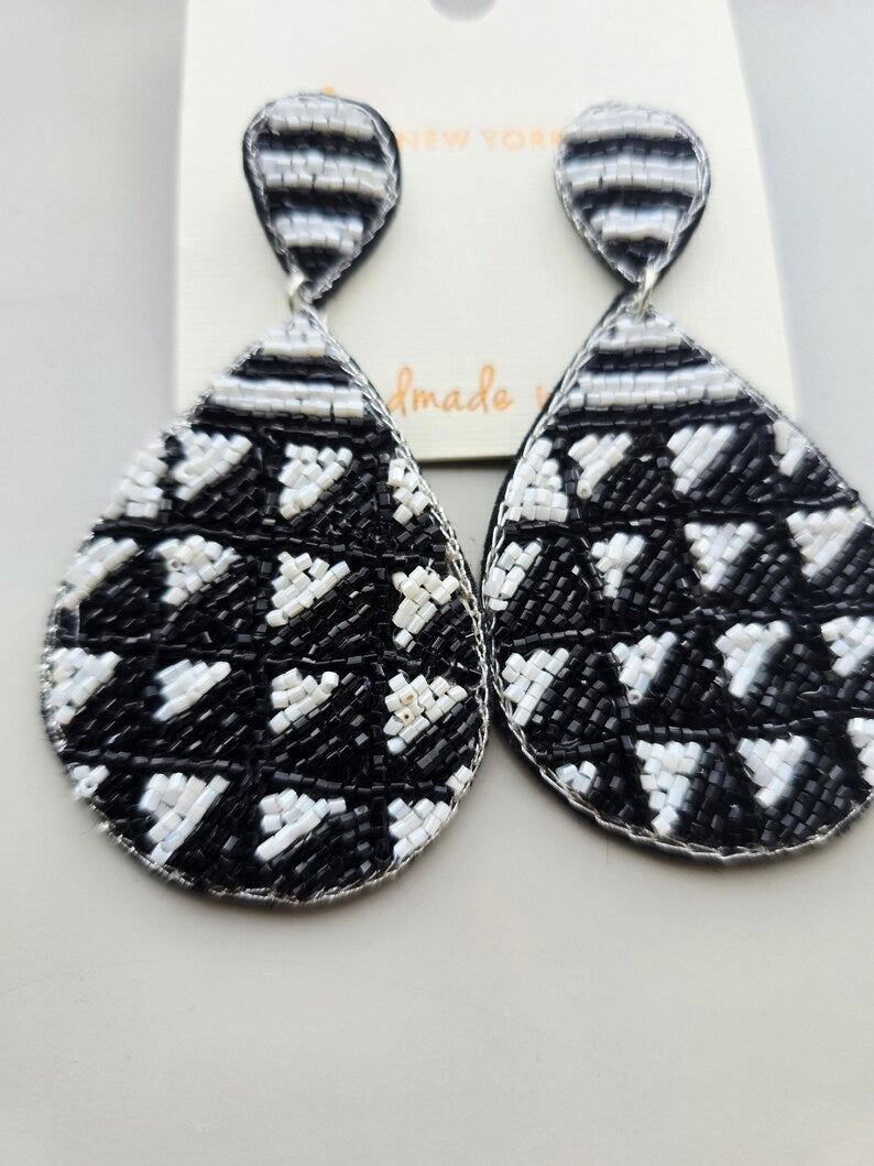 Tri Black White Beaded Earrings
