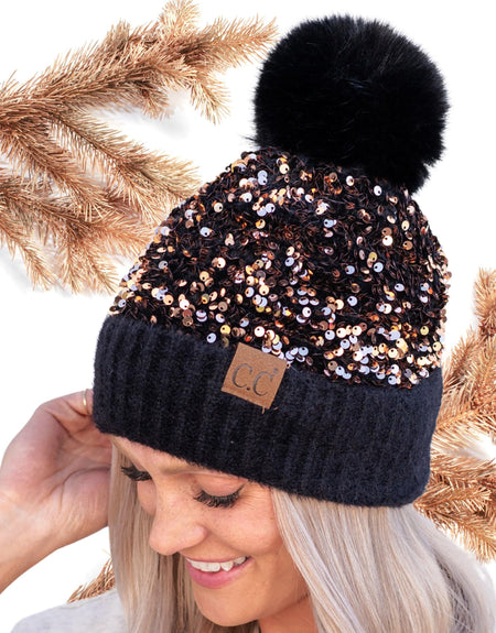 C.C. Sequin Fur Pom Beanie (Gold)