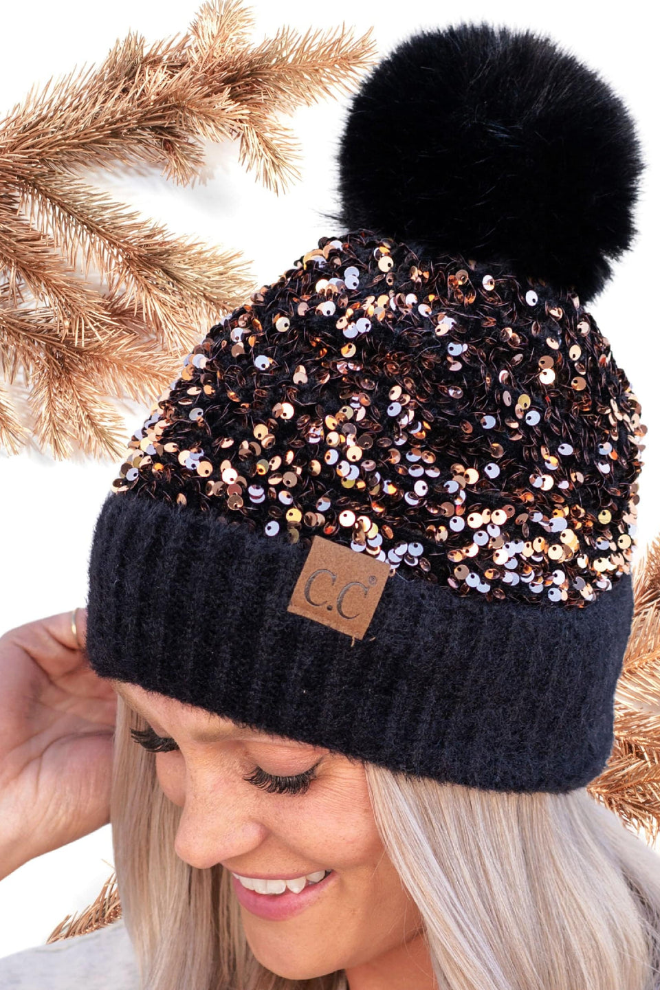 C.C. Sequin Fur Pom Beanie (Gold)