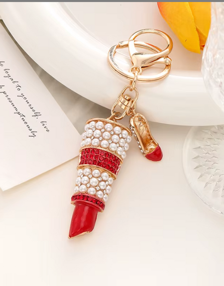 Pearl Lipstick Keychain Bag Charm - Red