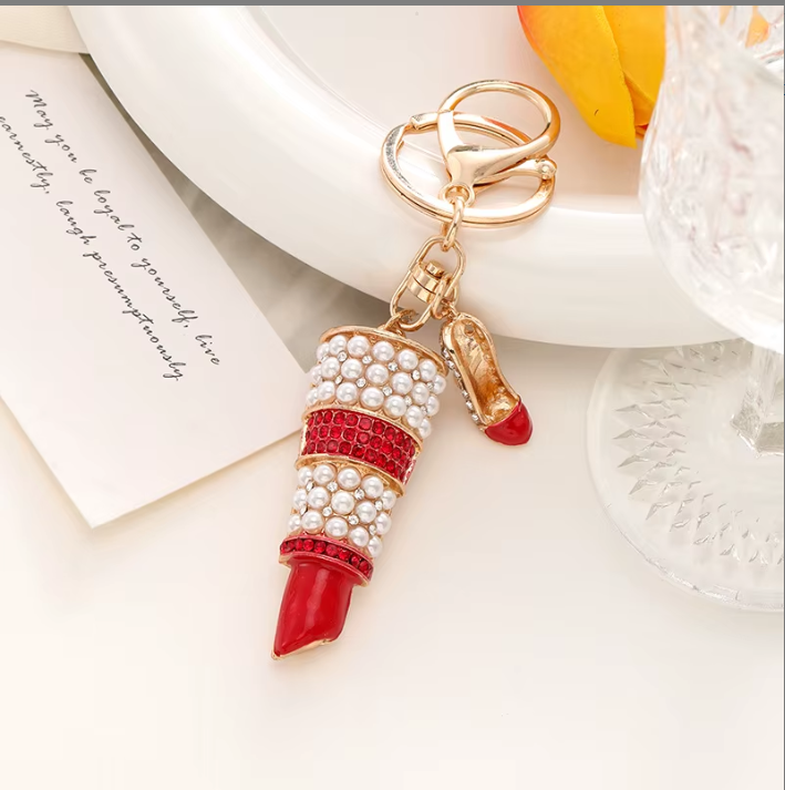 Pearl Lipstick Keychain Bag Charm - Red - ReservedChic