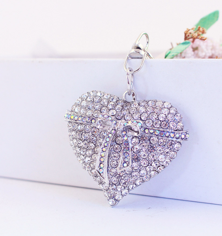 Crystal Silver Heart Keychain Bag Charm - ReservedChic