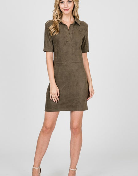 Popover Suede Shirt Dress in Olive - ReservedChic