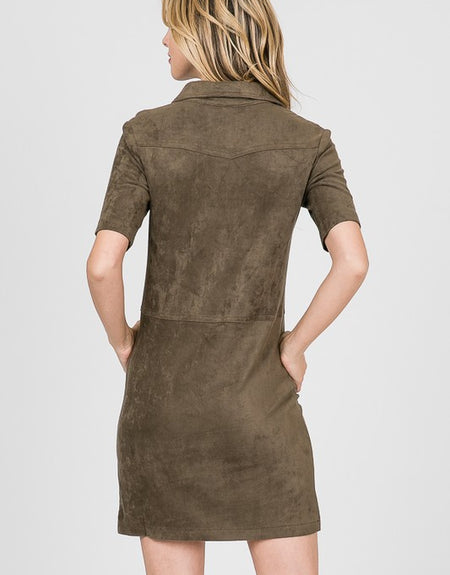 Popover Suede Shirt Dress in Olive - ReservedChic