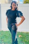 Black Faux Leather Tiered Sleeves Top - ReservedChic